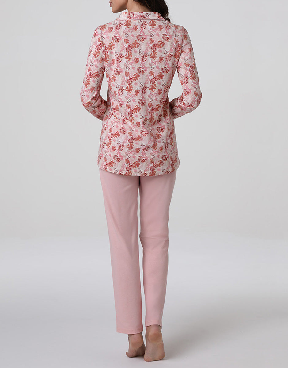 Lovable Basic Soul Pigiama Lungo Aperto in Jersey rosa polvere stampato