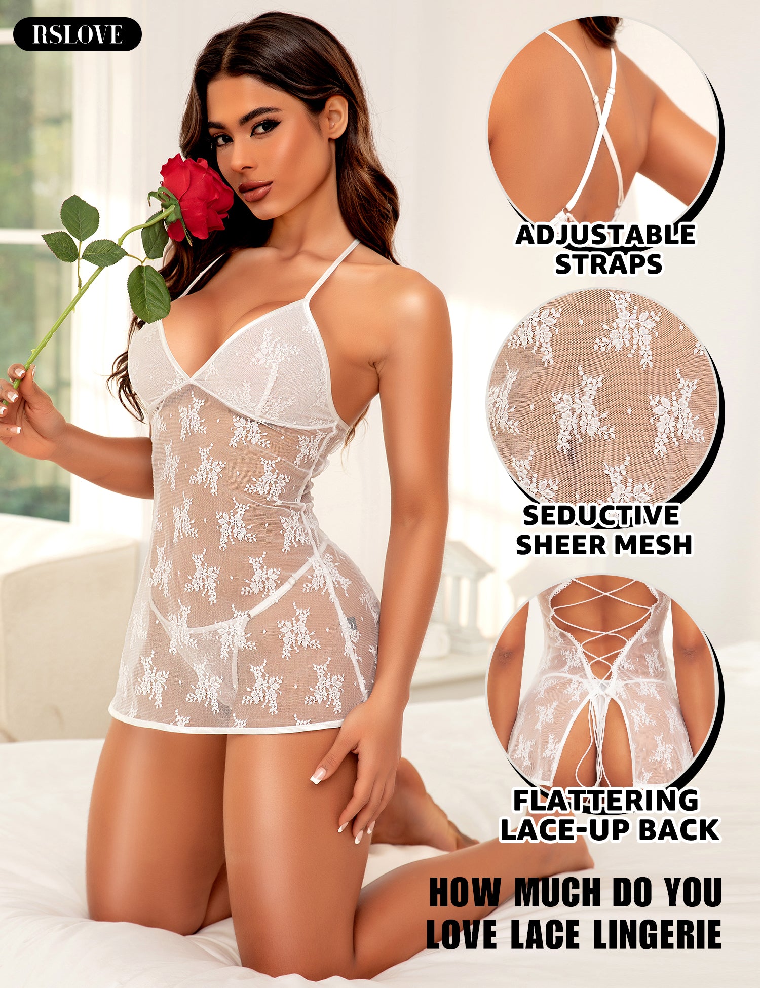 RSLOVE Babydoll babydoll nero in mesh floreale con perizoma S