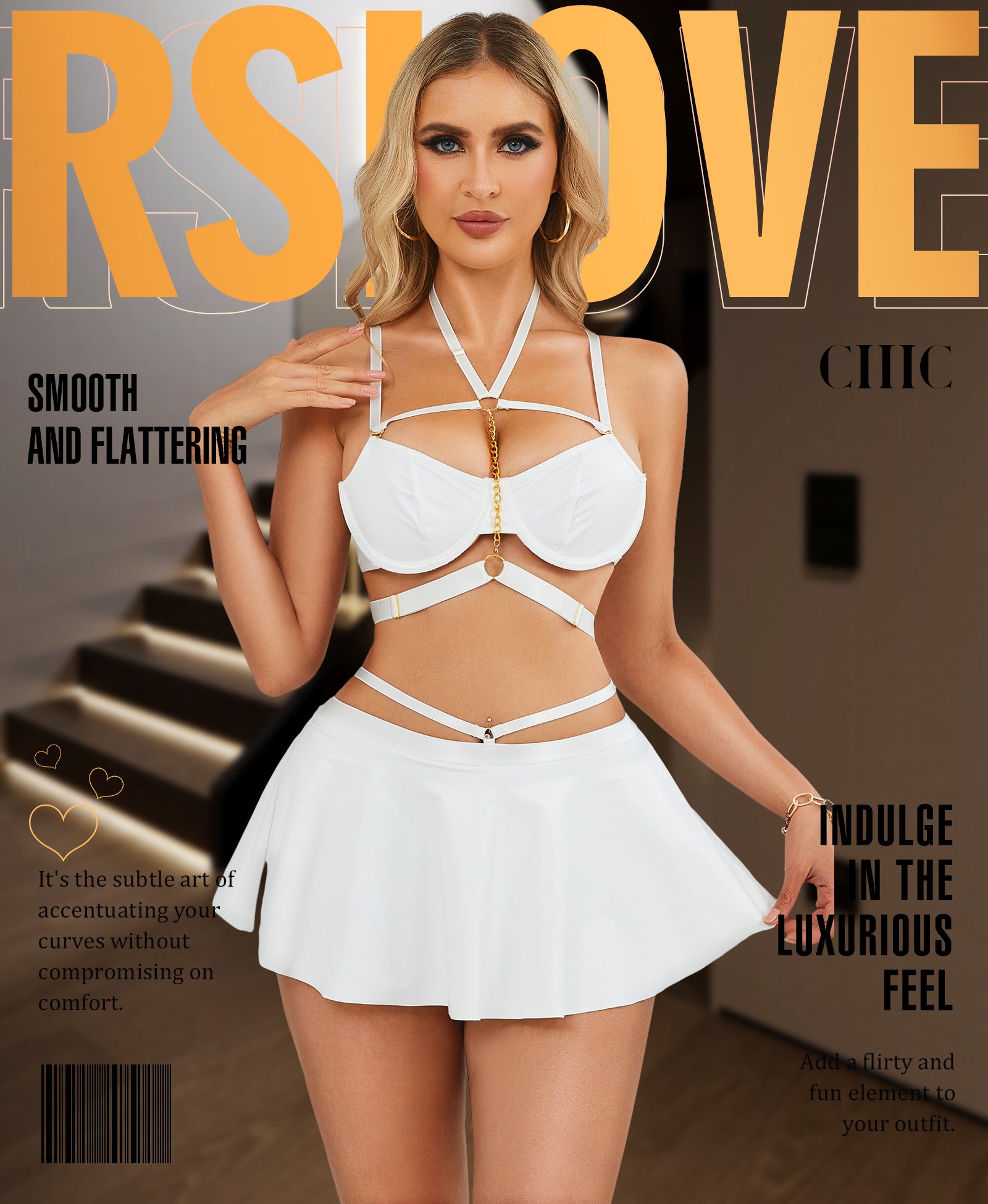RSLOVE Lingerie Set completo push-up con minigonna nero effetto pelle