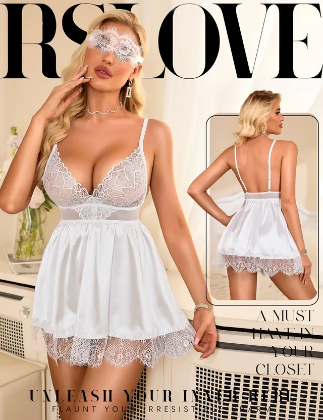 RSLOVE Lingerie Set 3 Piece Satin Lace Babydoll Chemise with Mask babydoll nero 3 pezzi