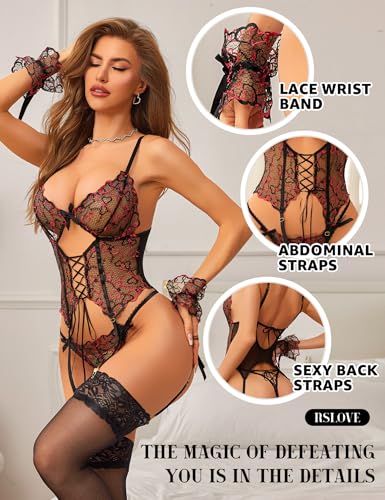 RSLOVE Garter Belt 3 Piece body in pizzo con reggicalze e polsini
