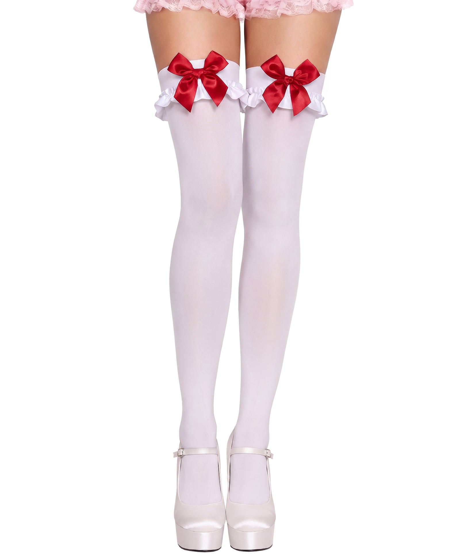 RSLOVE Thigh High Bow Ruffle Trim Opaque Thigh High Stockings calze bianche con fiocco nero taglia unica