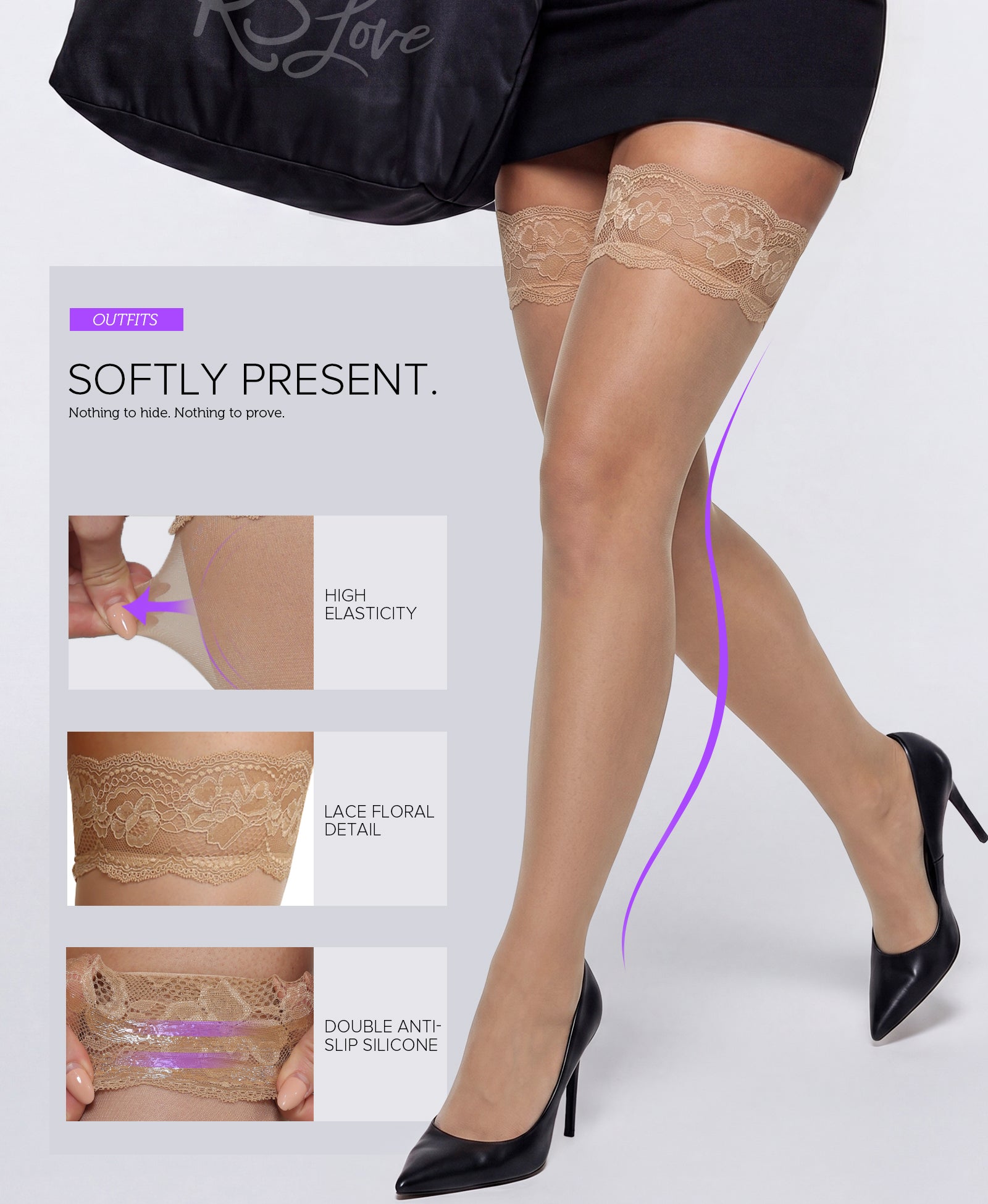 RSLOVE Thigh High 20D calze autoreggenti nere in pizzo