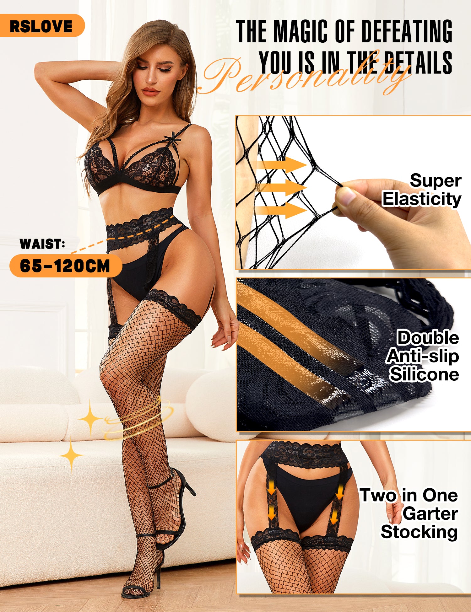 RSLOVE Stocking Lace Top Antiskid Silicone Suspender Fishnet Stockings calze nere rete fine
