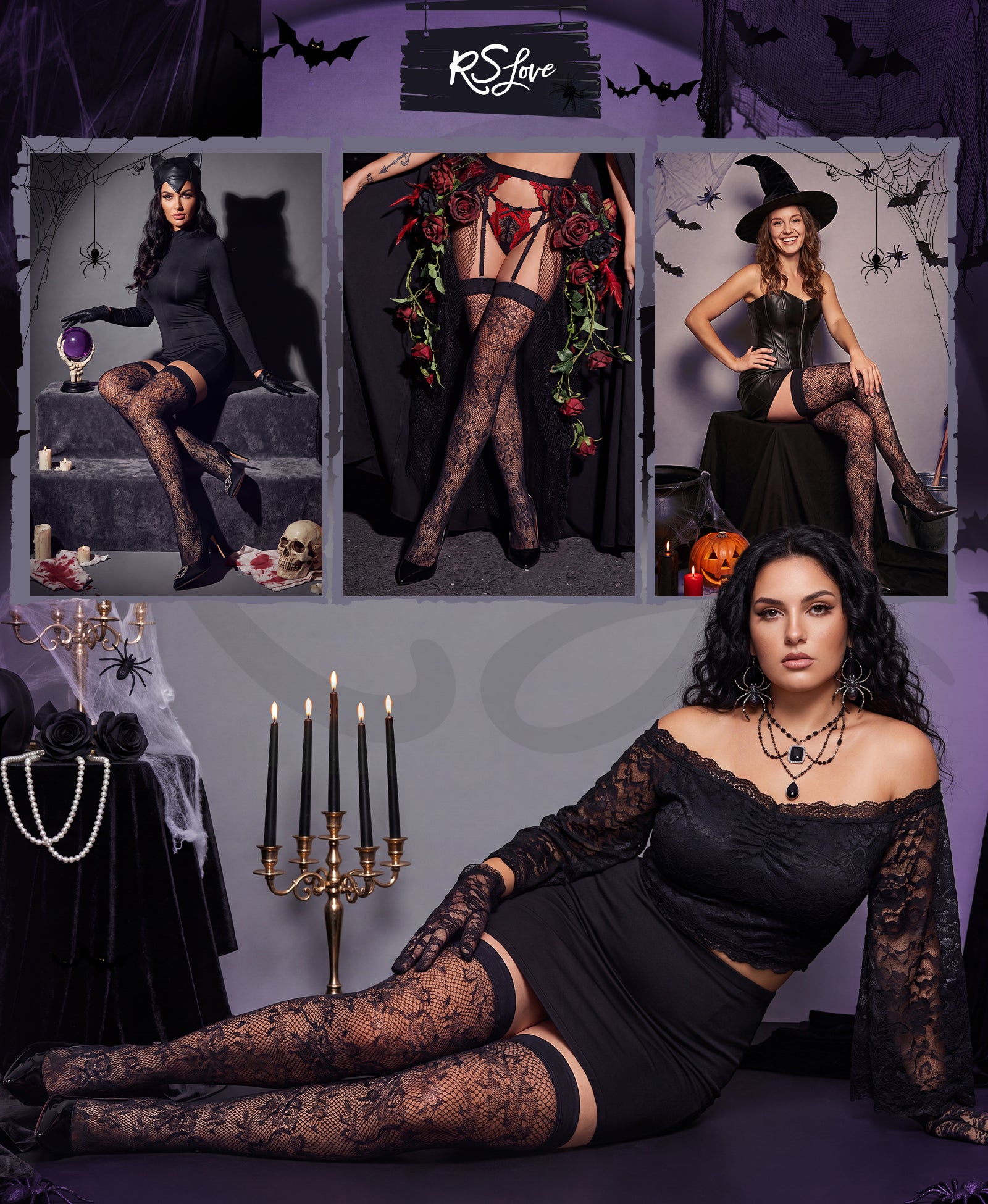 RSLOVE Thigh High Floral Lace Fishnet Antiskid calze autoreggenti nere