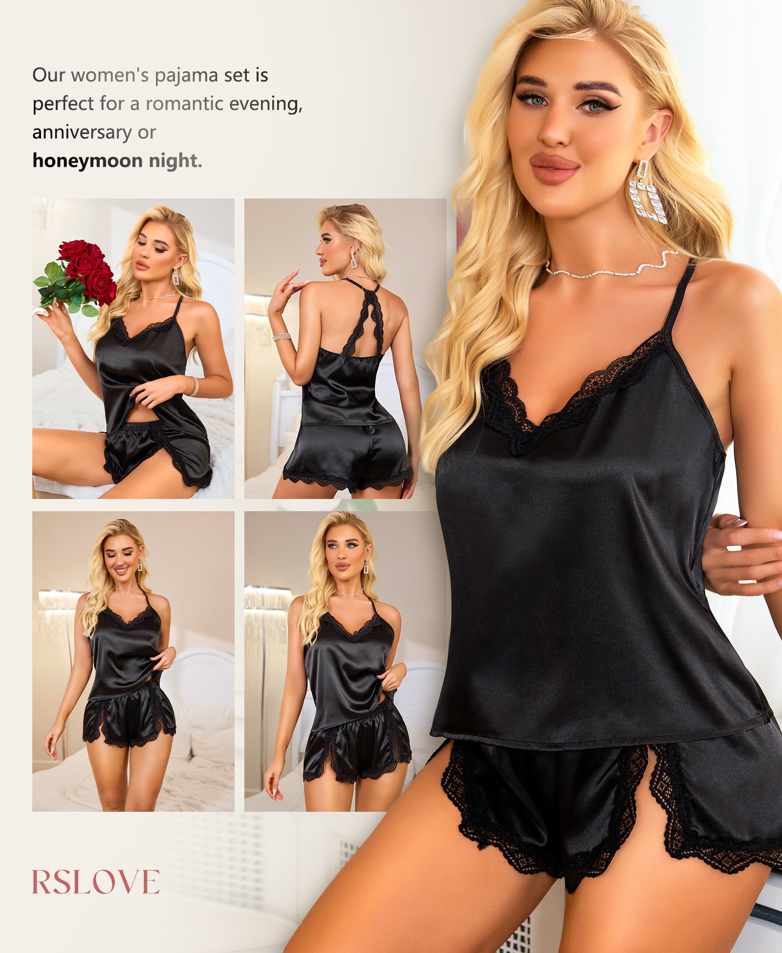 RSLOVE Pajama Set pigiama in raso con pizzo nero