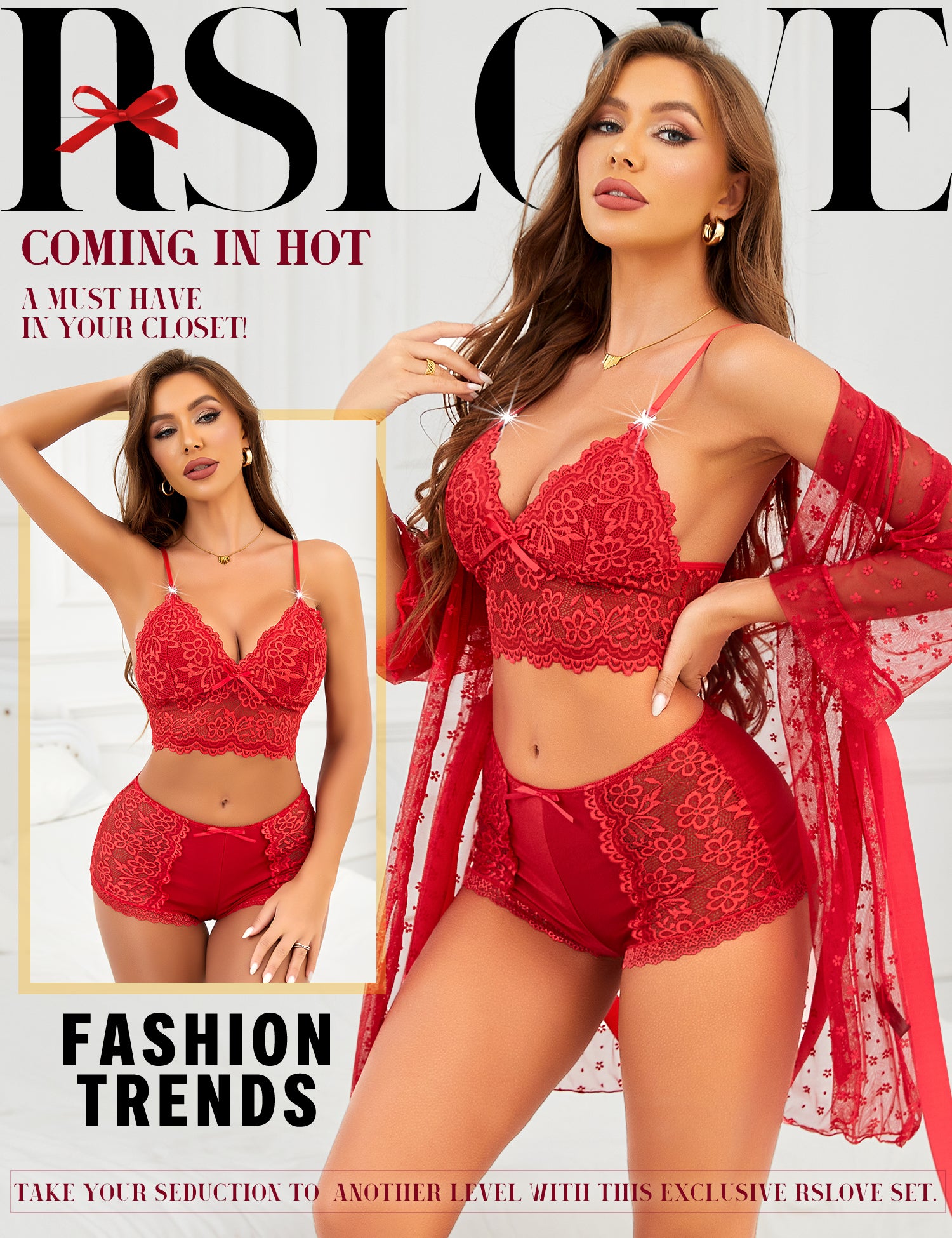 RSLOVE Robe completo lingerie 3 pezzi nero con kimono in rete