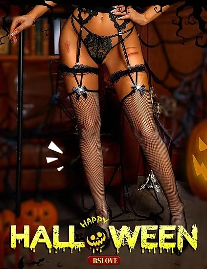 RSLOVE Thigh High Fishnet Thigh High Stockings calze a rete nere con fiocco