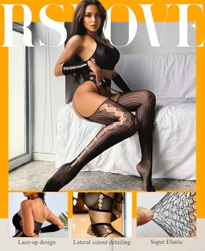 RSLOVE Bodystocking Crochet Net Bodystocking Set completo lingerie nero taglia unica