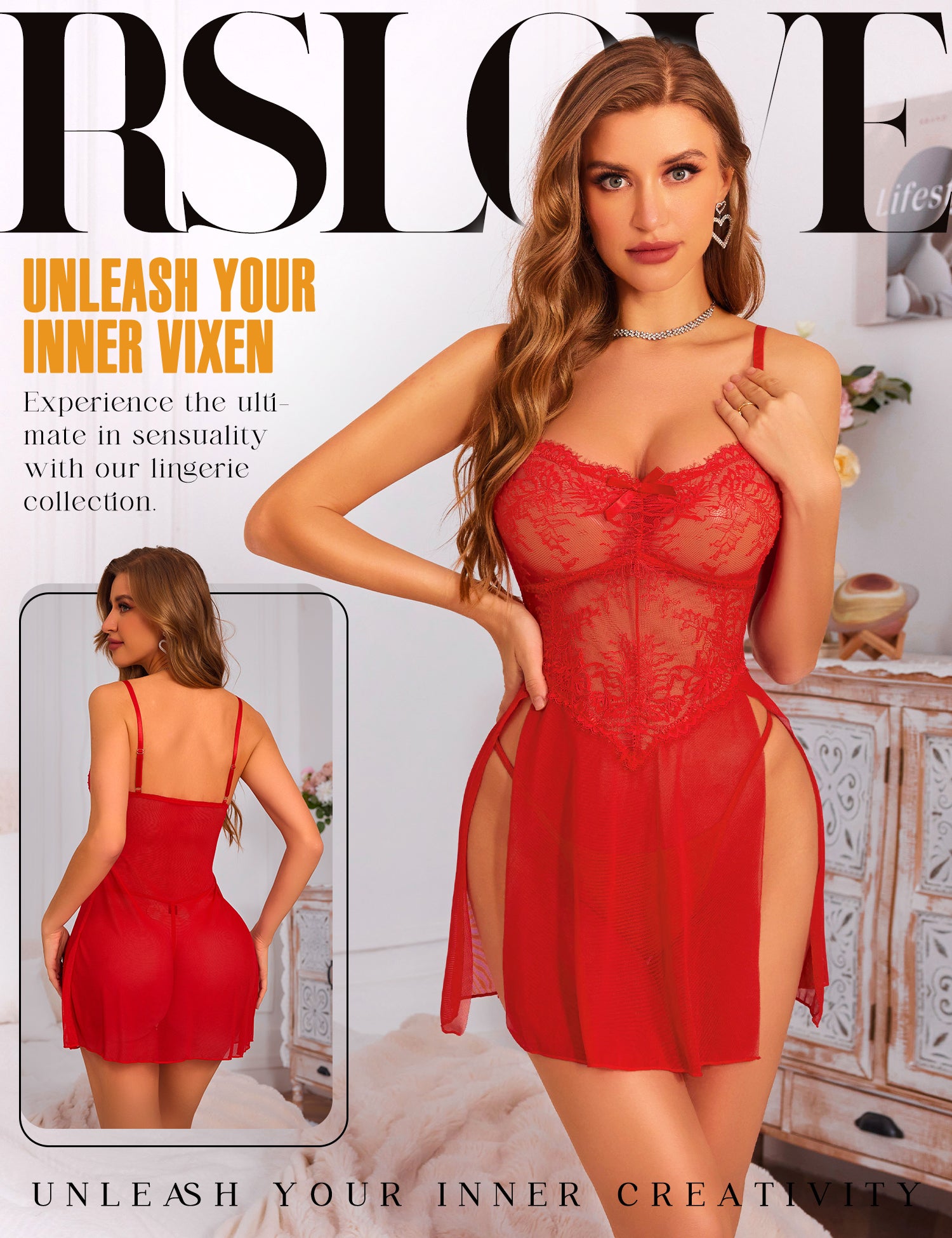 RSLOVE Babydoll Floral Lace nero S-XXL con perizoma