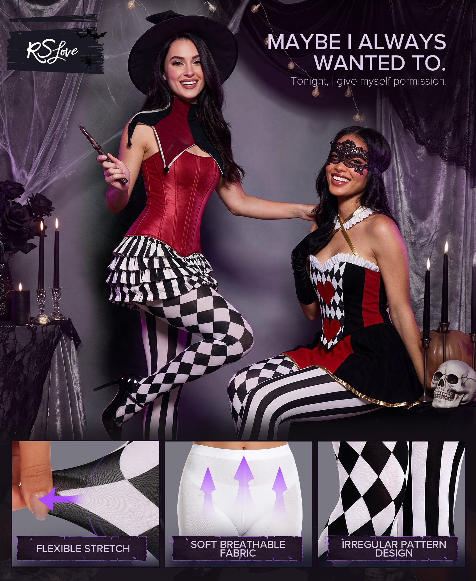 RSLOVE Patterned tights Harlequin Black and White Striped Clown Tights collant nero taglia unica