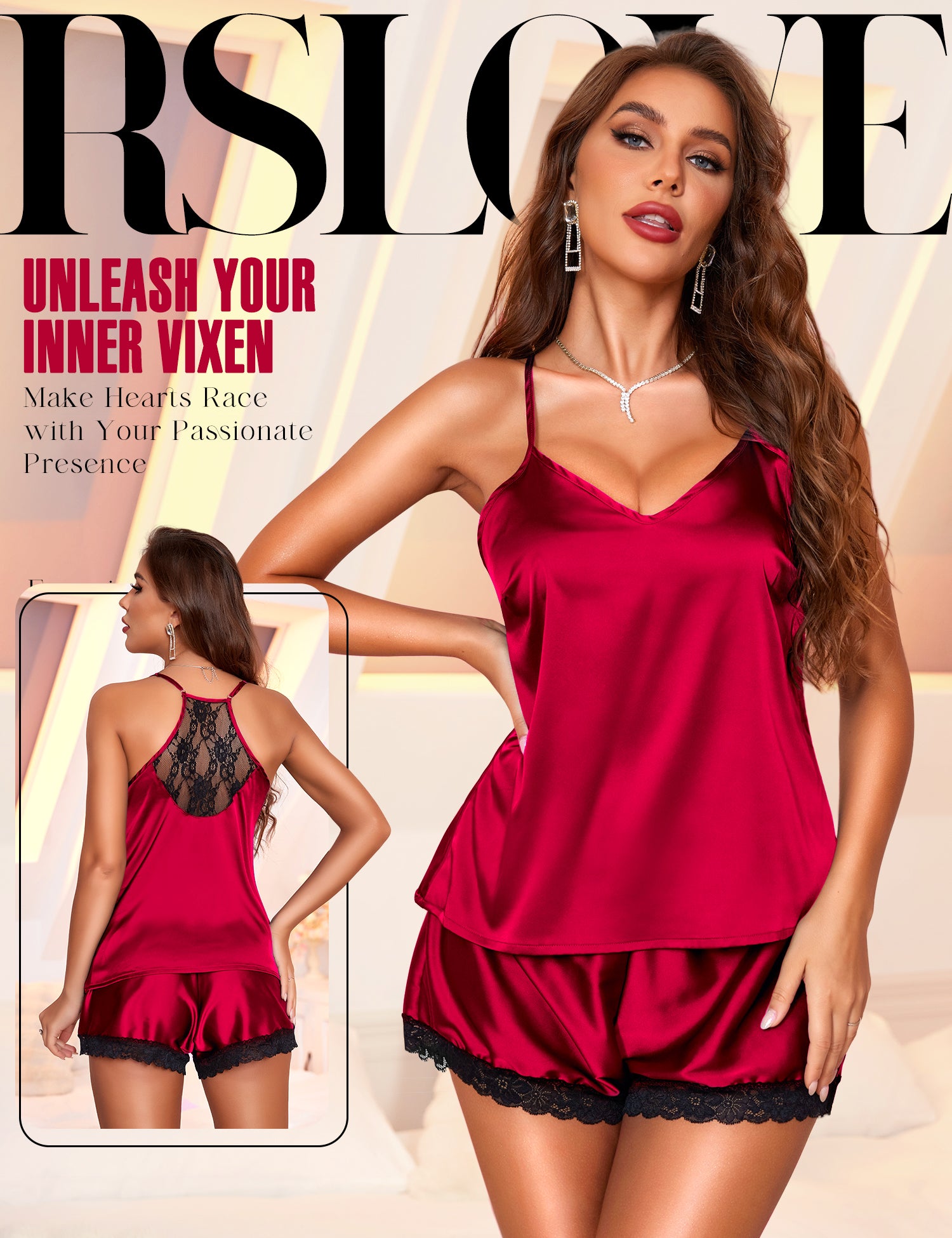 RSLOVE Pajama Set Satin 2 Piece pigiama nero 2 pezzi raso