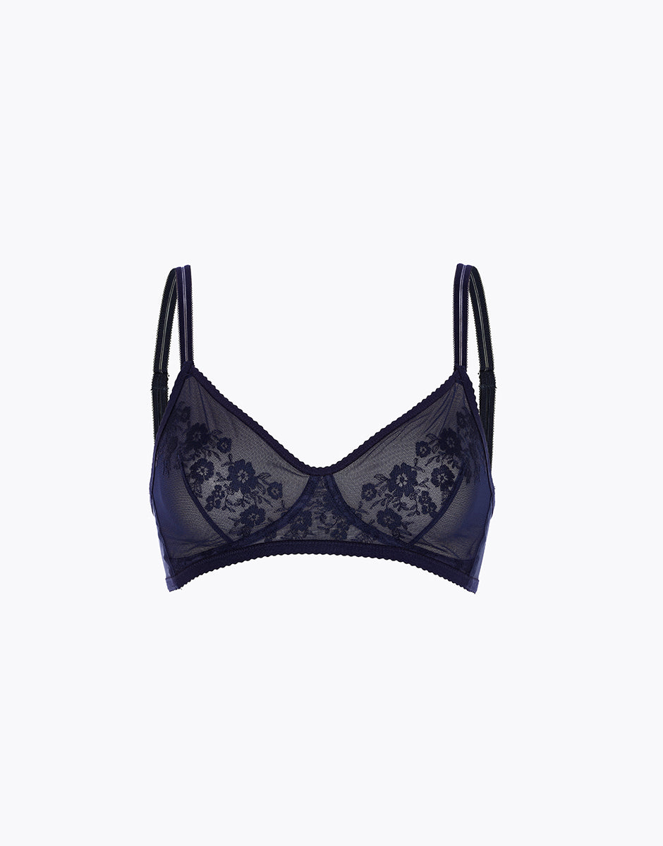 Lovable Garden Flowers Lace Elegant Embroidery reggiseno triangolo blu navy