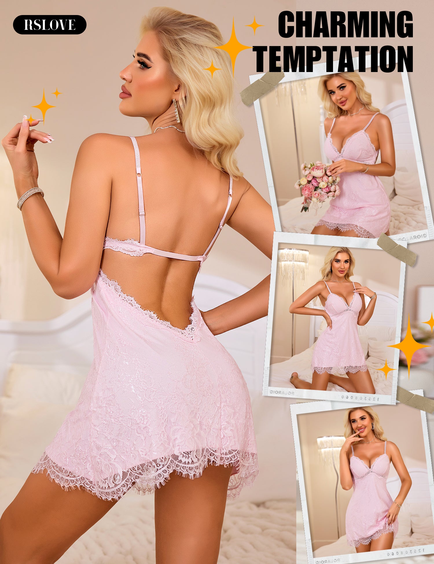RSLOVE Babydoll camicia da notte in pizzo scollo V nero