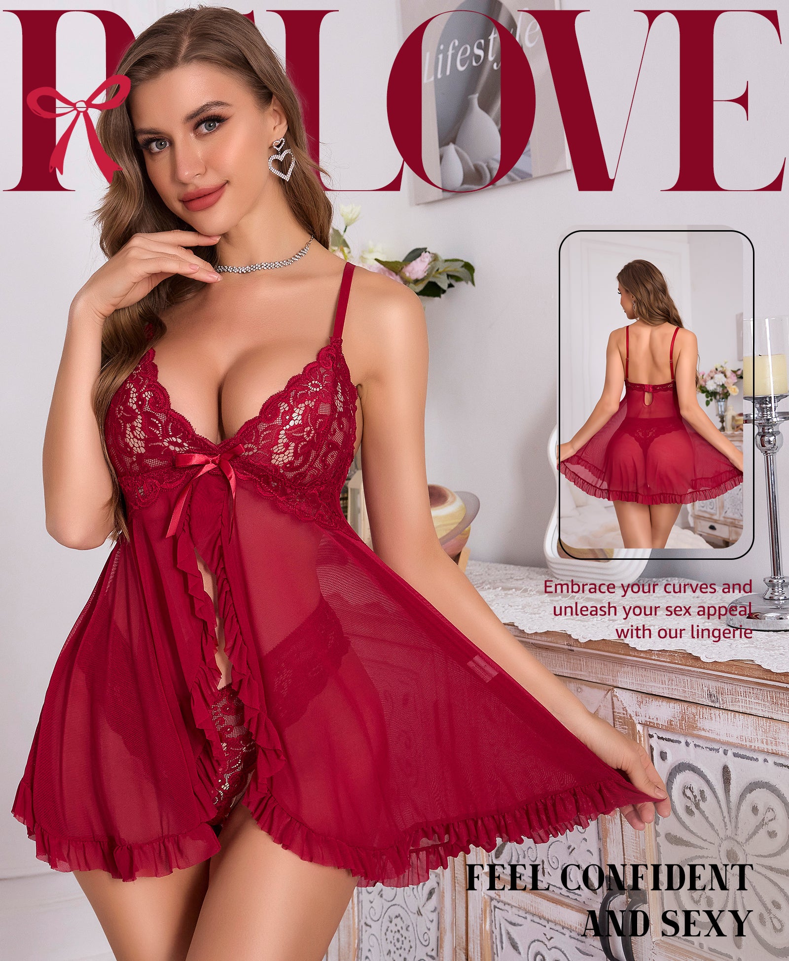 RSLOVE Babydoll Open Front Lace babydoll nero 2 pezzi pizzo