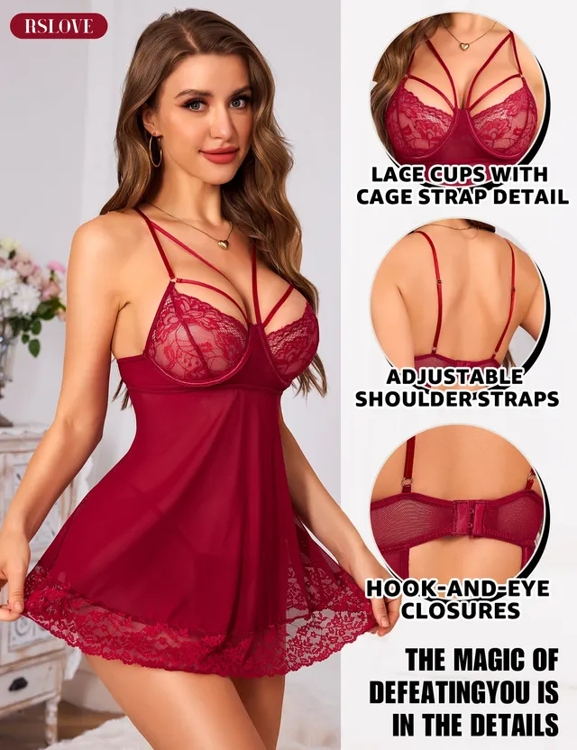 RSLOVE Babydoll Lace Cage-Strap Babydoll babydoll in pizzo nero con perizoma