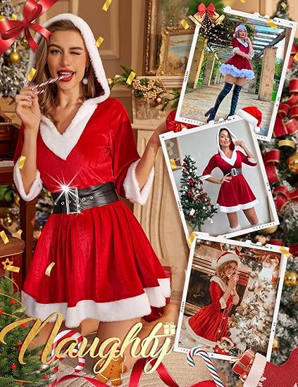 RSLOVE Costumes Berry Red Velvet Mrs Claus Hooded Dress vestito rosso S