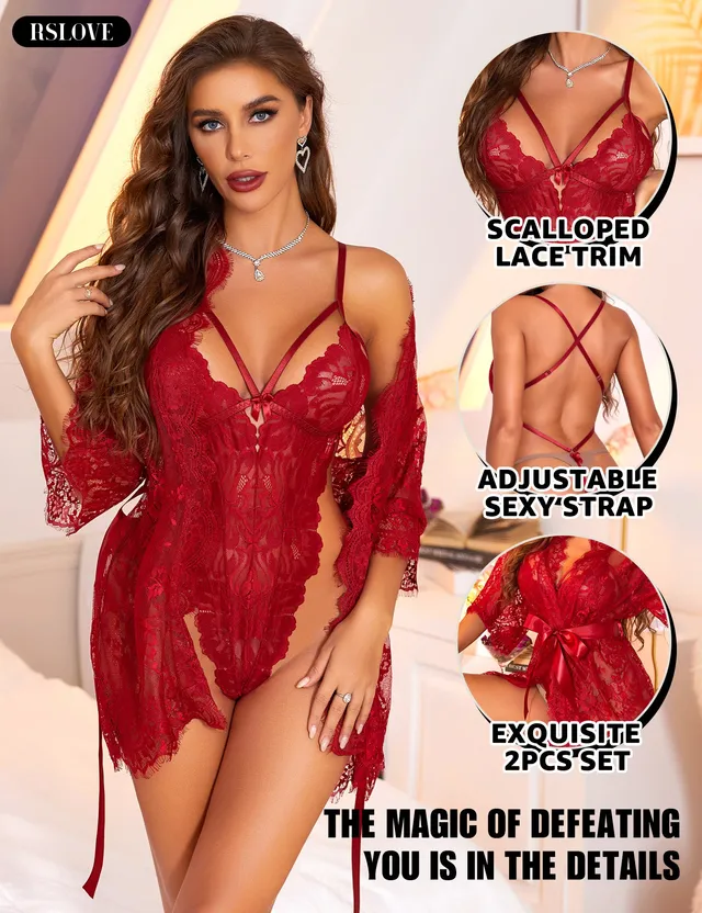 RSLOVE Robe 2 Piece Lace Kimono Robe and Teddy completo lingerie Nero taglie S-XXL in pizzo
