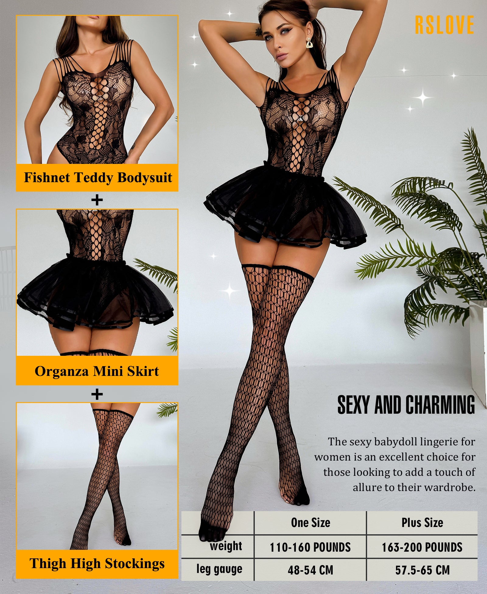 RSLOVE Lingerie Set 3 Piece Fishnet Teddy Bodysuit and Stockings Set completo nero taglia unica