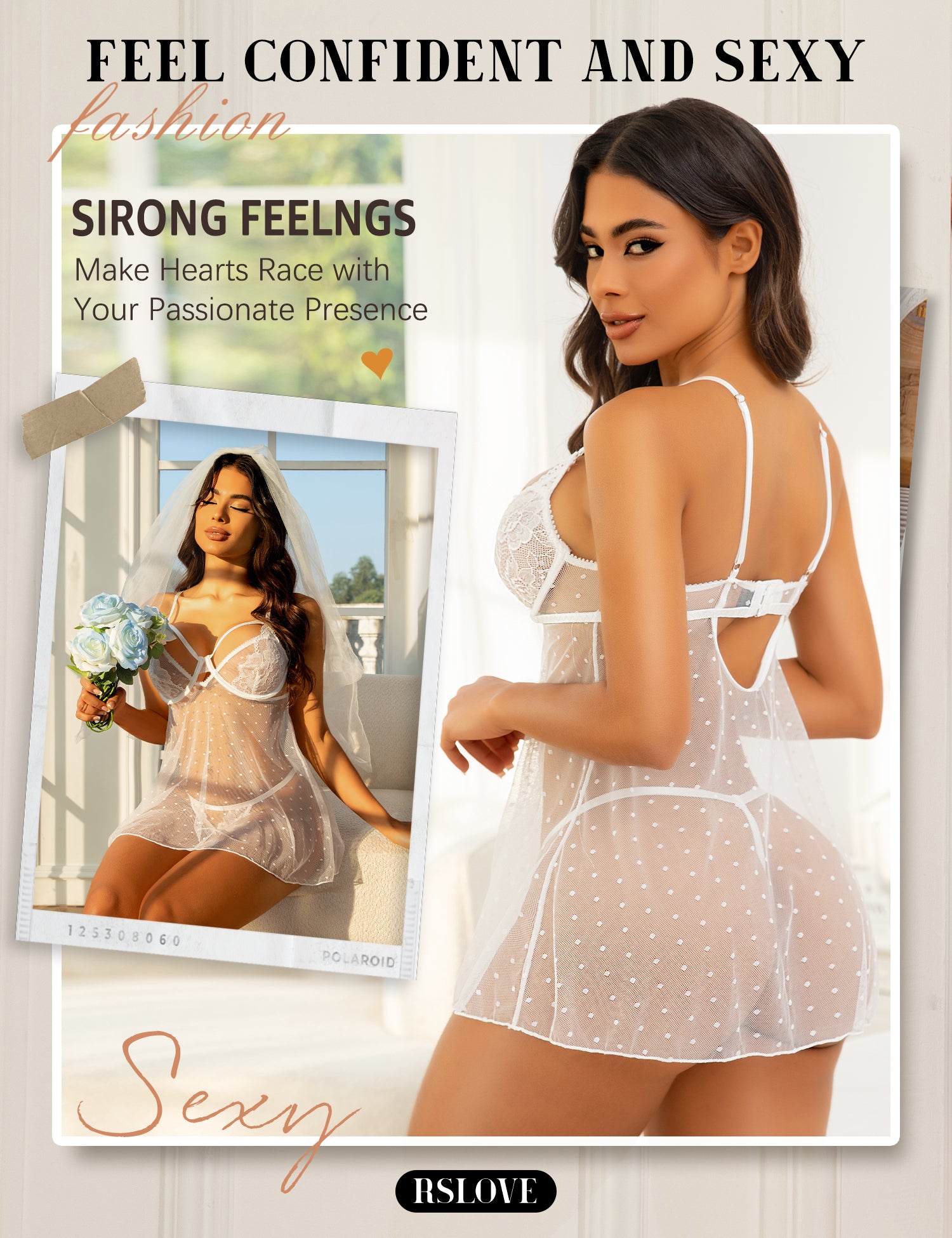 RSLOVE Babydoll Polka Dot Lace & Mesh Babydoll con perizoma