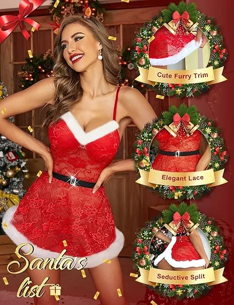 RSLOVE Costumes Christmas Lace Babydoll babydoll rosso con perizoma