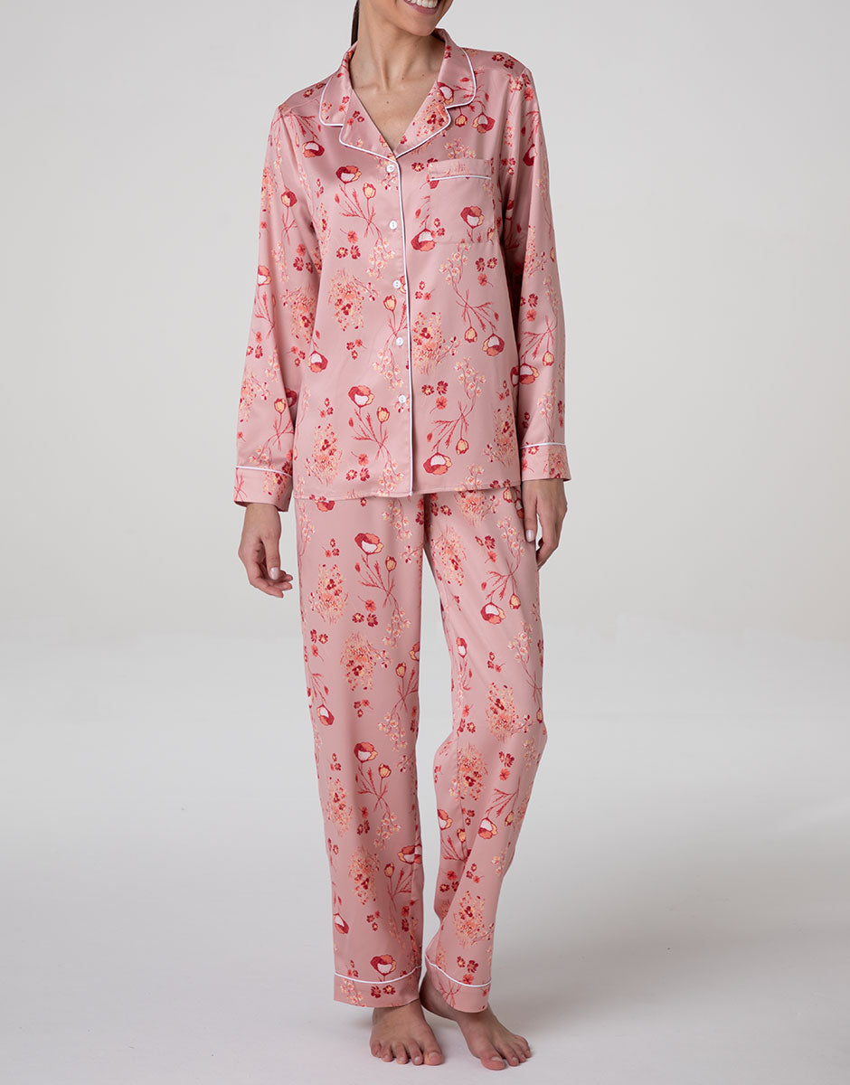 Lovable Basic Soul pigiama lungo aperto satin stampato rosa terracotta