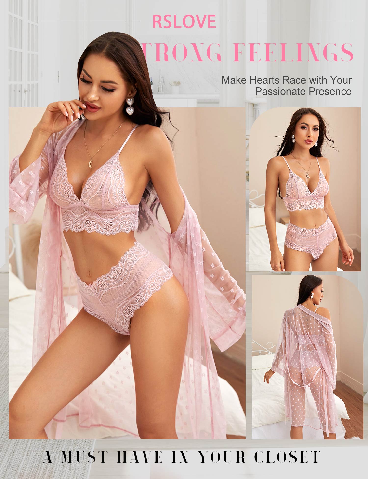 RSLOVE Robe 3-Piece Floral Lace Bra Panty Set lingerie pizzo