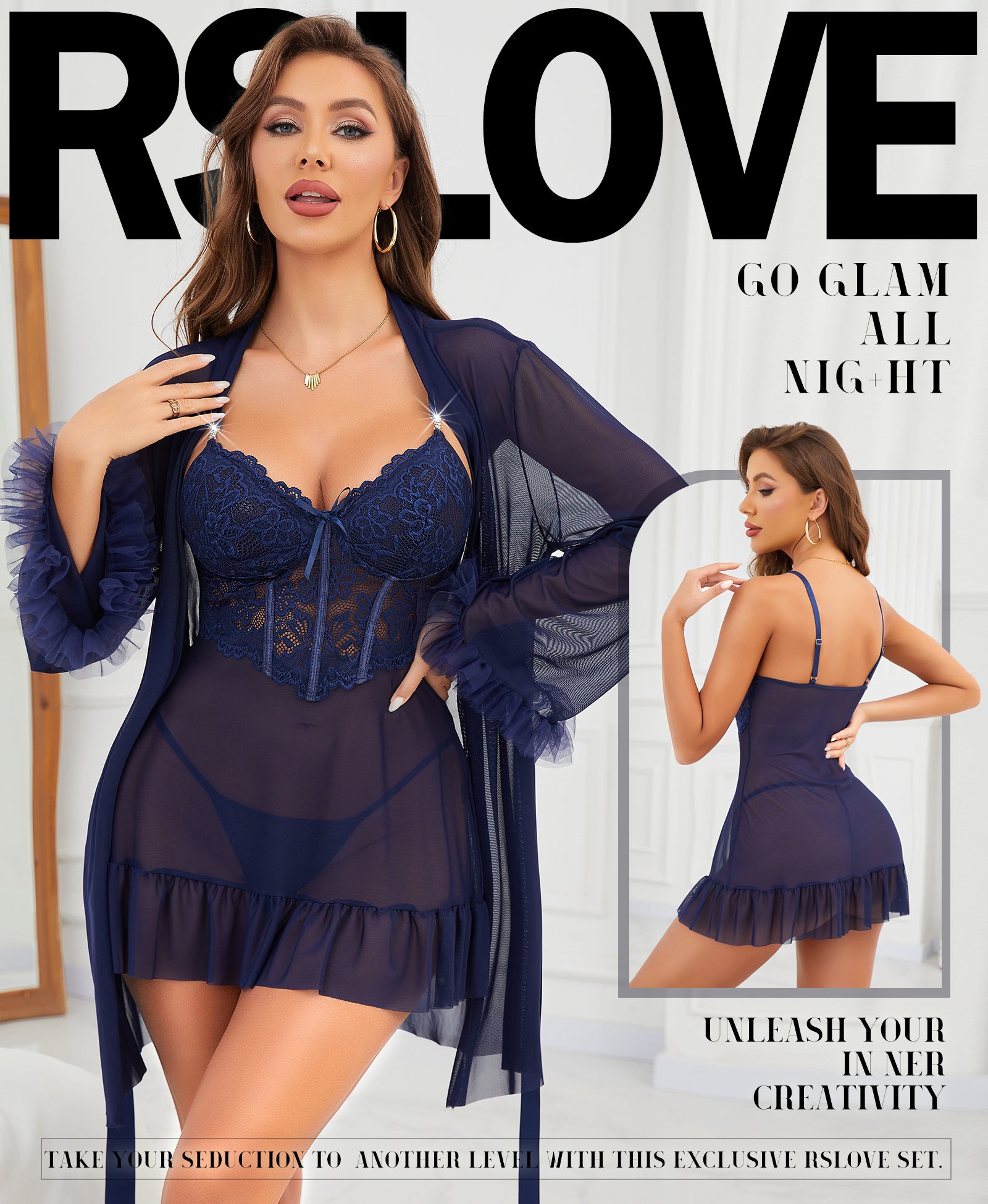 RSLOVE Robe set babydoll e vestaglia in tulle XL nero con spalline regolabili