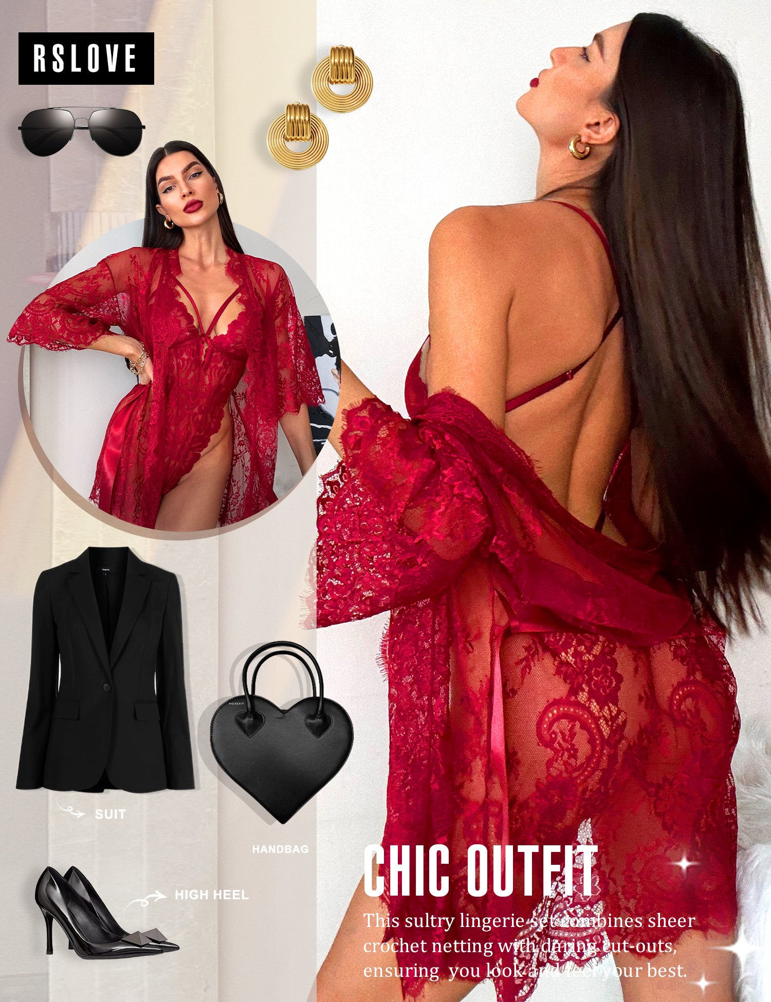 RSLOVE Robe 2 Piece Lace Kimono Robe and Teddy completo lingerie Nero taglie S-XXL in pizzo