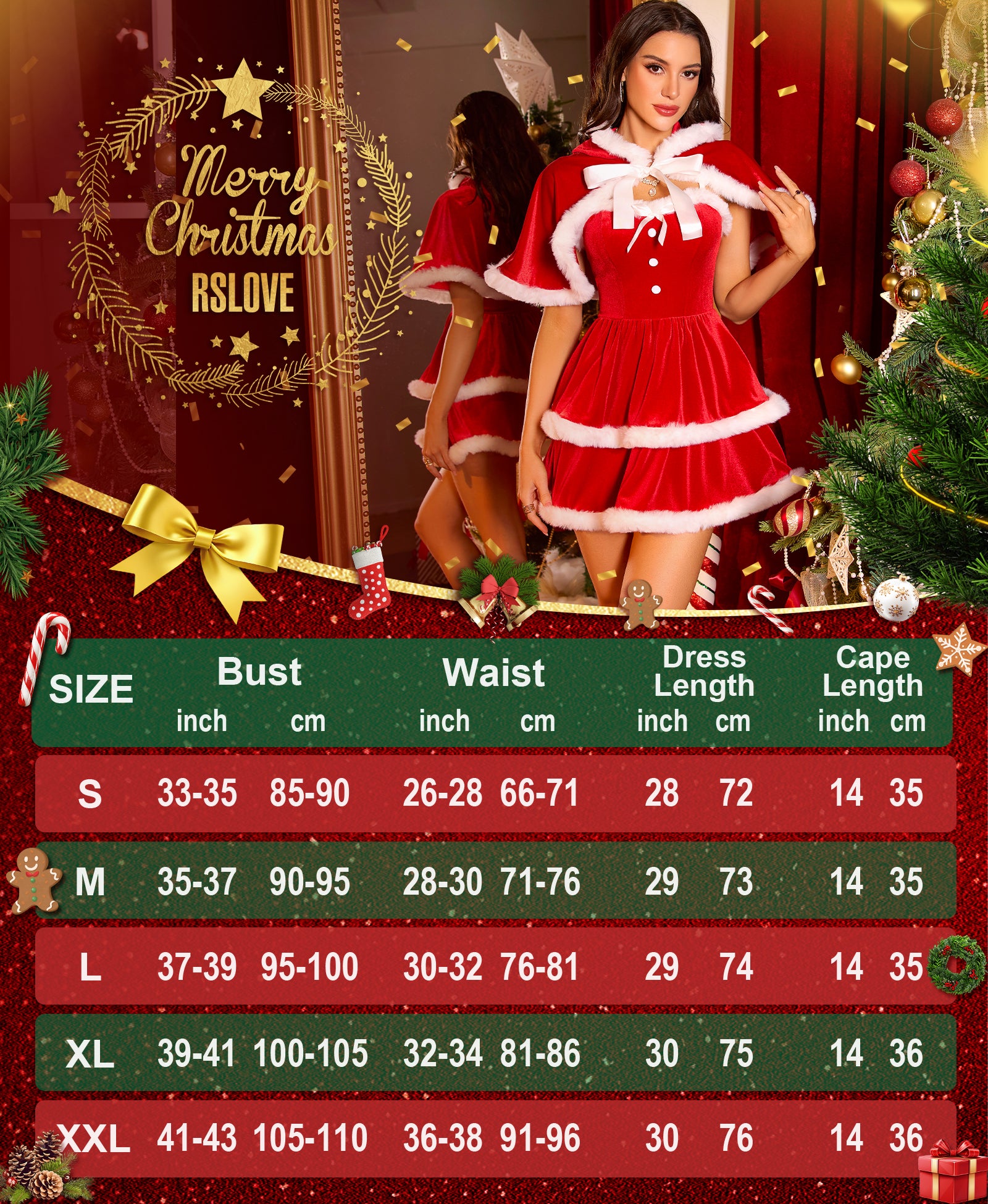 RSLOVE Costumes Velvet Christmas Santa Dress abito natalizio rosso con mantella