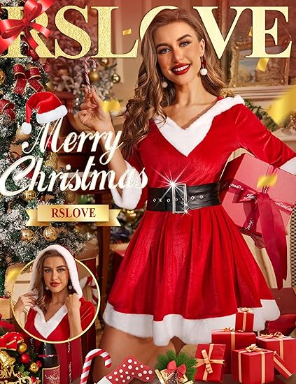 RSLOVE Costumes Berry Red Velvet Mrs Claus Hooded Dress vestito rosso S