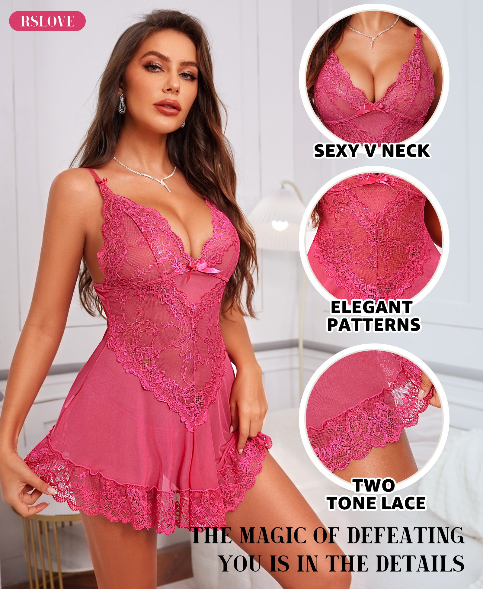 RSLOVE Babydoll Lace Chemise camicia da notte nera in pizzo