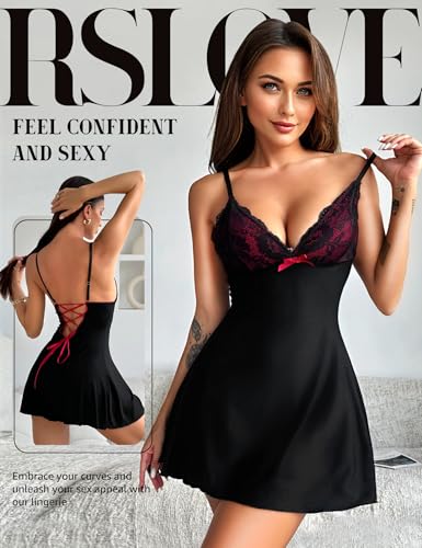 RSLOVE Babydoll Lace Babydoll camicia da notte nera
